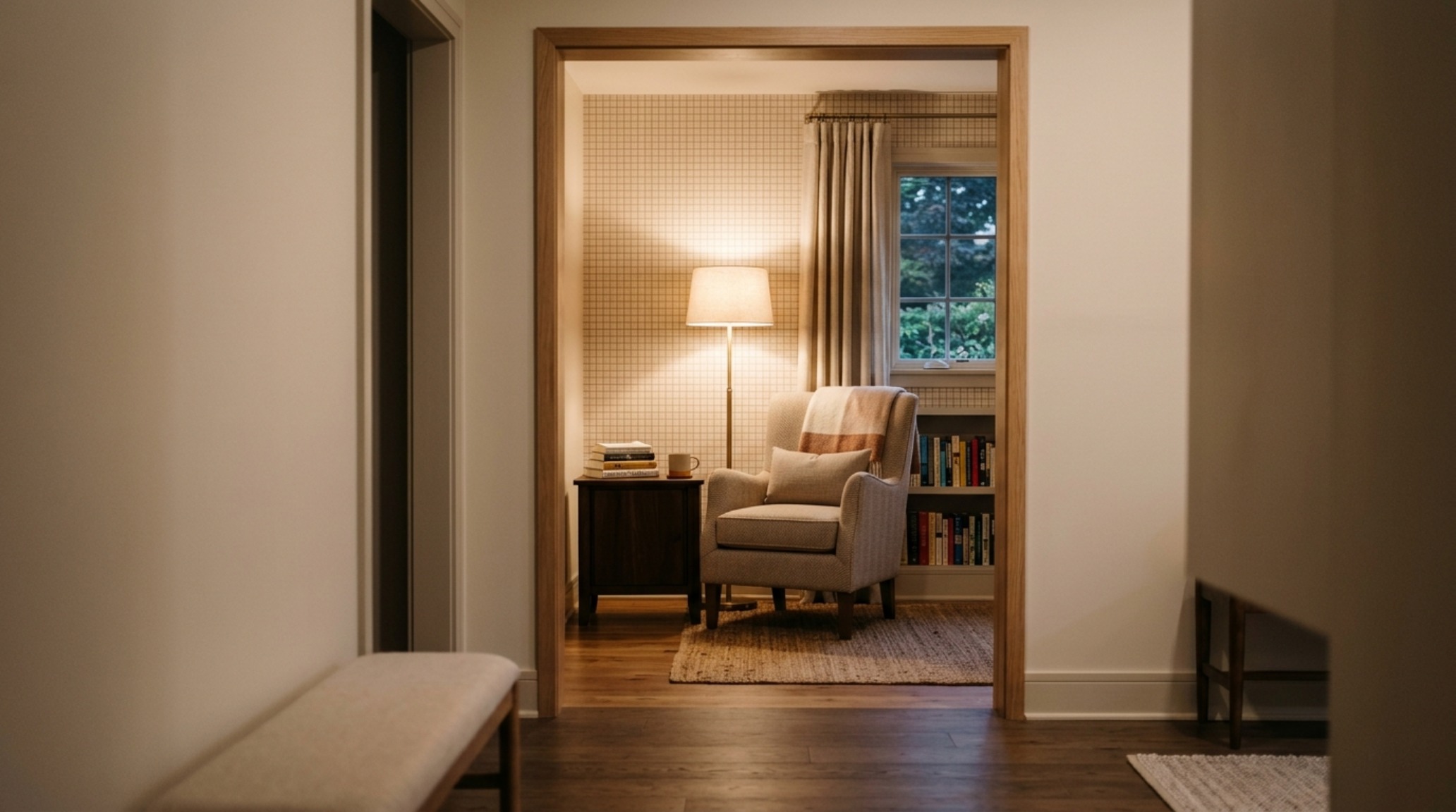 A long sightline from a minimalist hallway into a study featuring tonal herringbone upholstery and soft-focus 2700K lighting.
