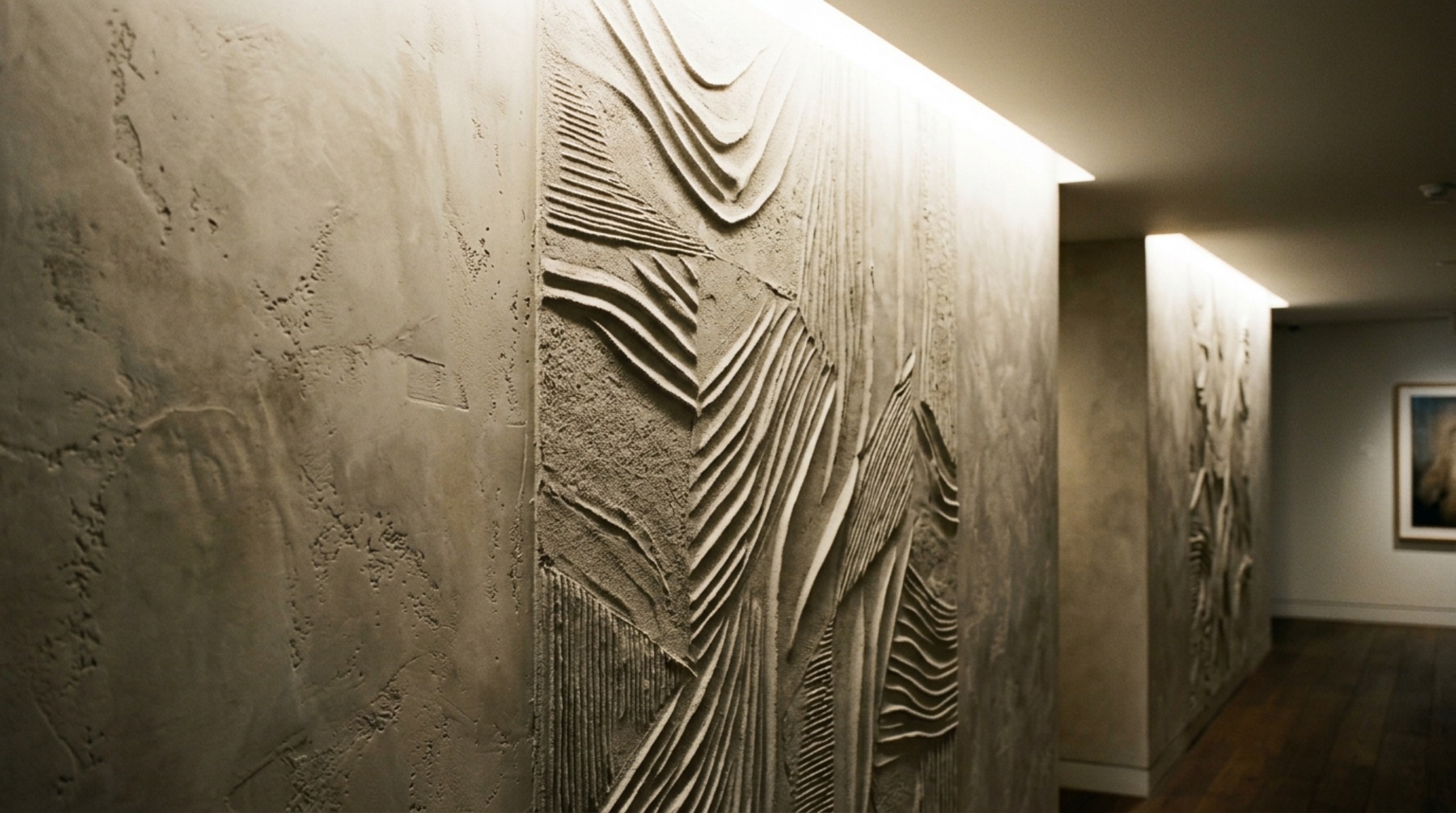 A close-up of a textured limewash wall with a subtle stencil pattern, illuminated by high CRI 90+ directional lighting to highlight architectural depth.