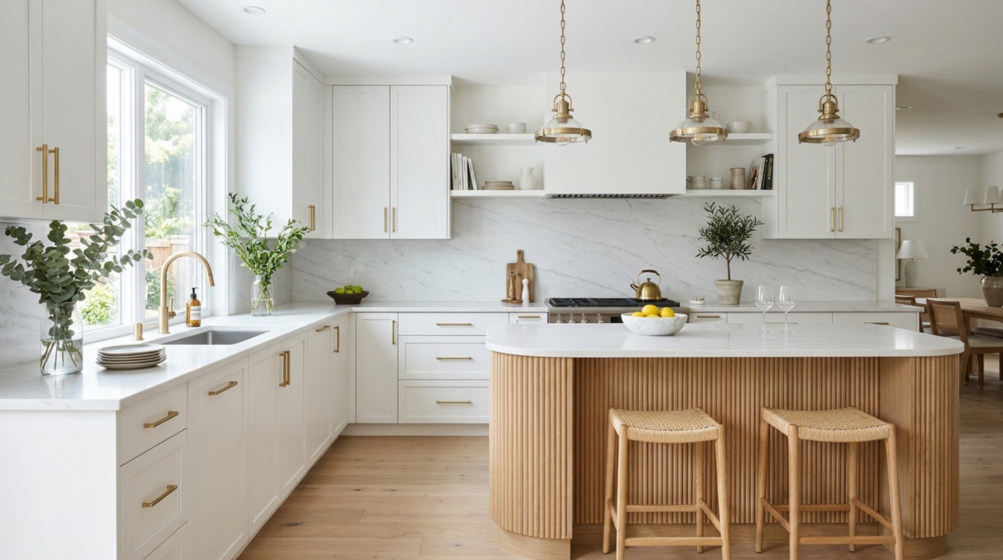 Modern kitchen with a subtle marble-veined backsplash and fluted island base, exemplifying modern with patterns as neutrals decor ideas.