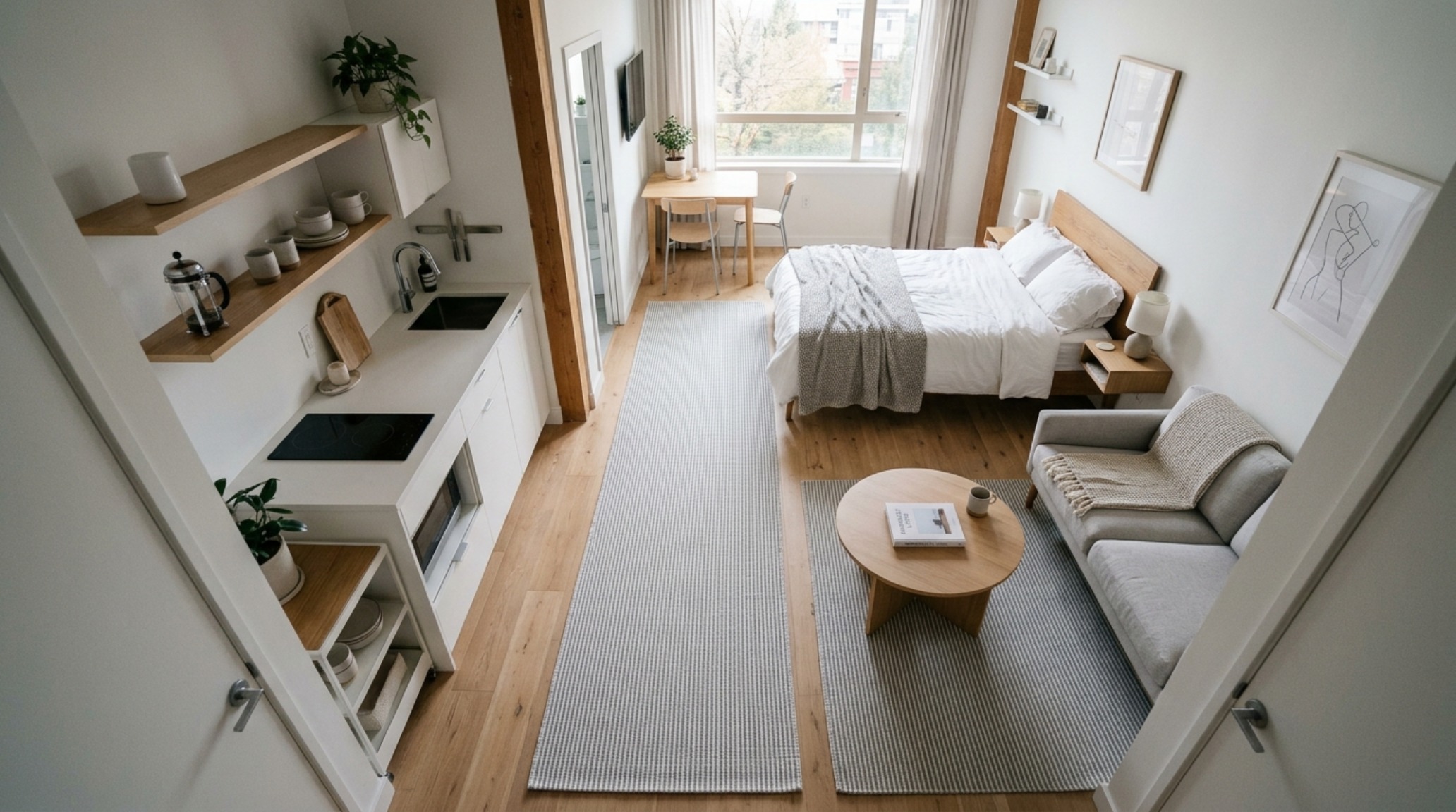 Small apartment living area using a micro-stripe rug to expand the floor plane, perfect for small space with patterns as neutrals decor ideas.