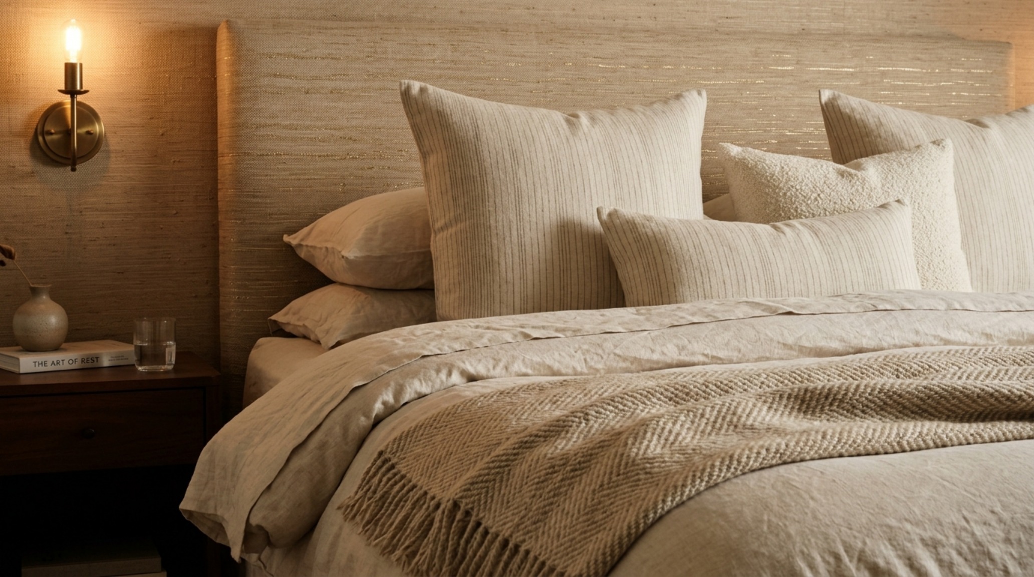 Luxury bedroom with layered tonal patterns on Belgian linen bedding and a grasscloth headboard under warm 2700K ambient light.