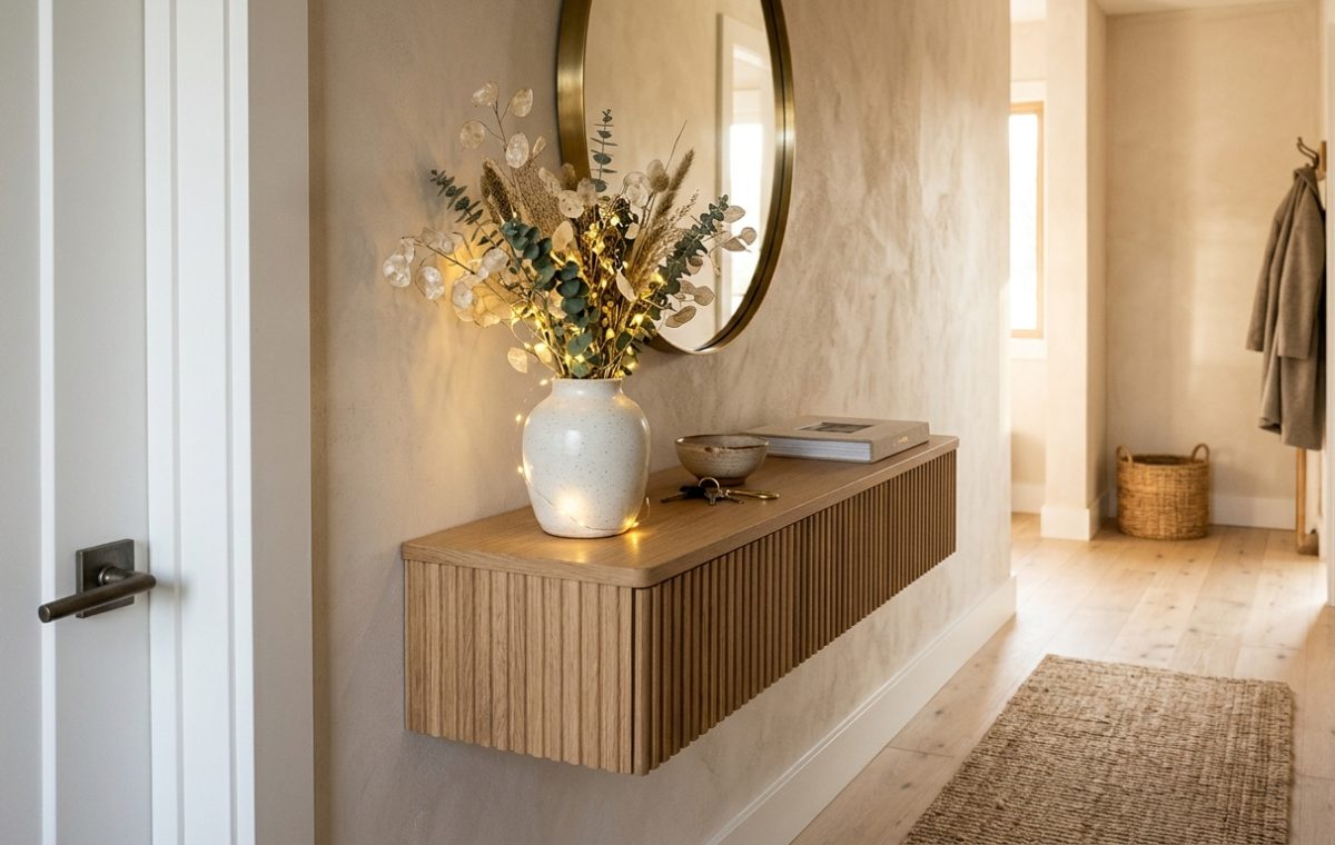 A sleek, wall-mounted fluted oak console in a narrow entryway with micro-LED string lights woven through a minimalist ceramic vase and stacked art books.