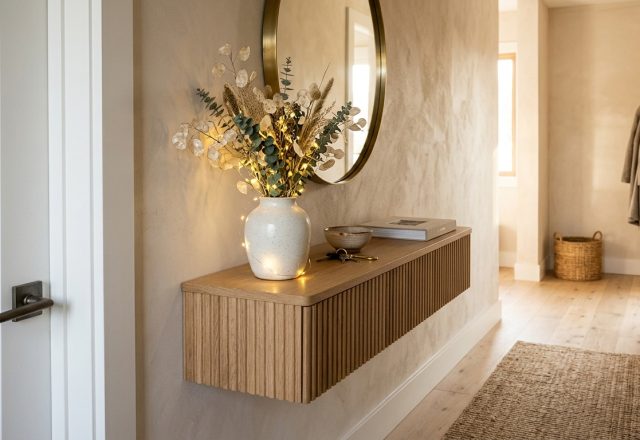 A sleek, wall-mounted fluted oak console in a narrow entryway with micro-LED string lights woven through a minimalist ceramic vase and stacked art books.