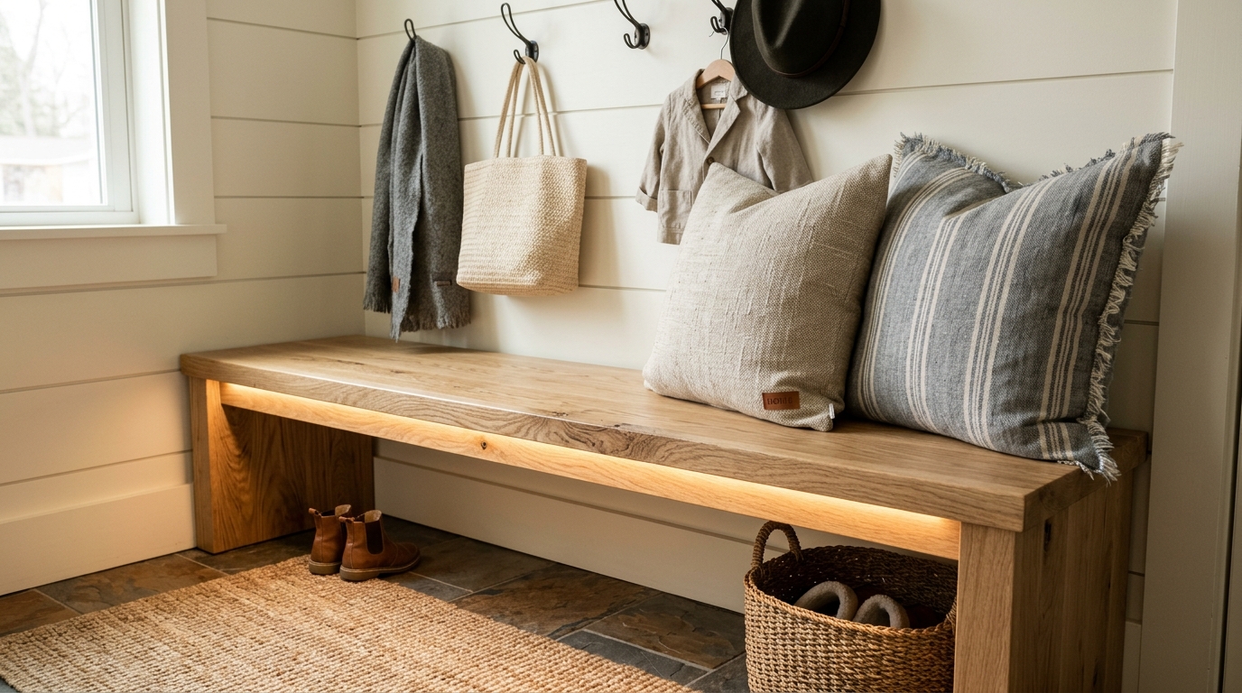 Close-up of a high-CRI string light installation highlighting the natural grain of a white oak bench in a small entry mudroom.