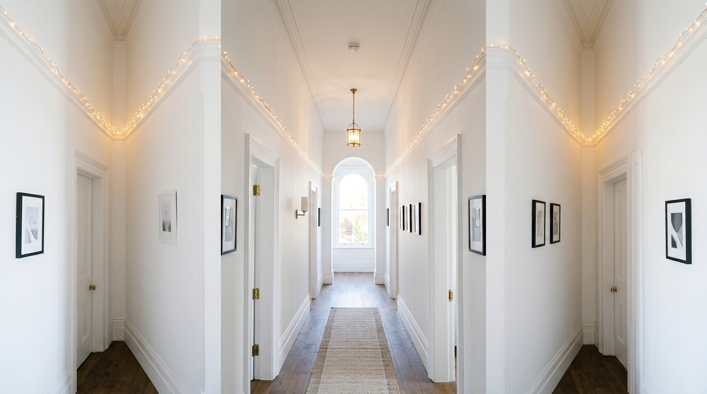 A sophisticated entryway design using warm white string lights to define the ceiling line in a space with 10-foot ceilings and narrow walls.