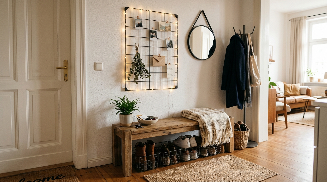 A cozy apartment entrance featuring a minimalist shoe storage bench and a soft glow from lights woven through a wall-mounted grid organizer.