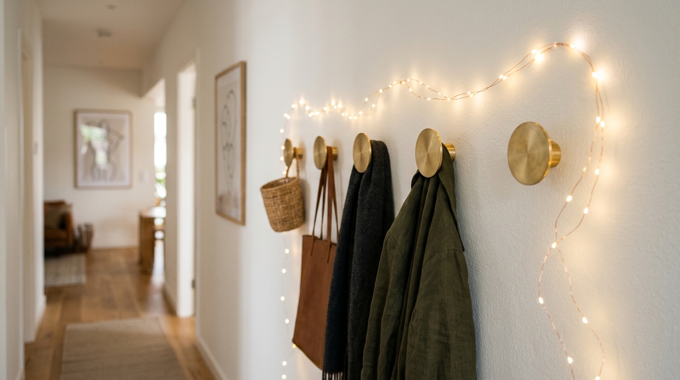 Detailed shot of brushed brass hooks and a string of lights creating a warm welcome in a compact, high-traffic family entryway.