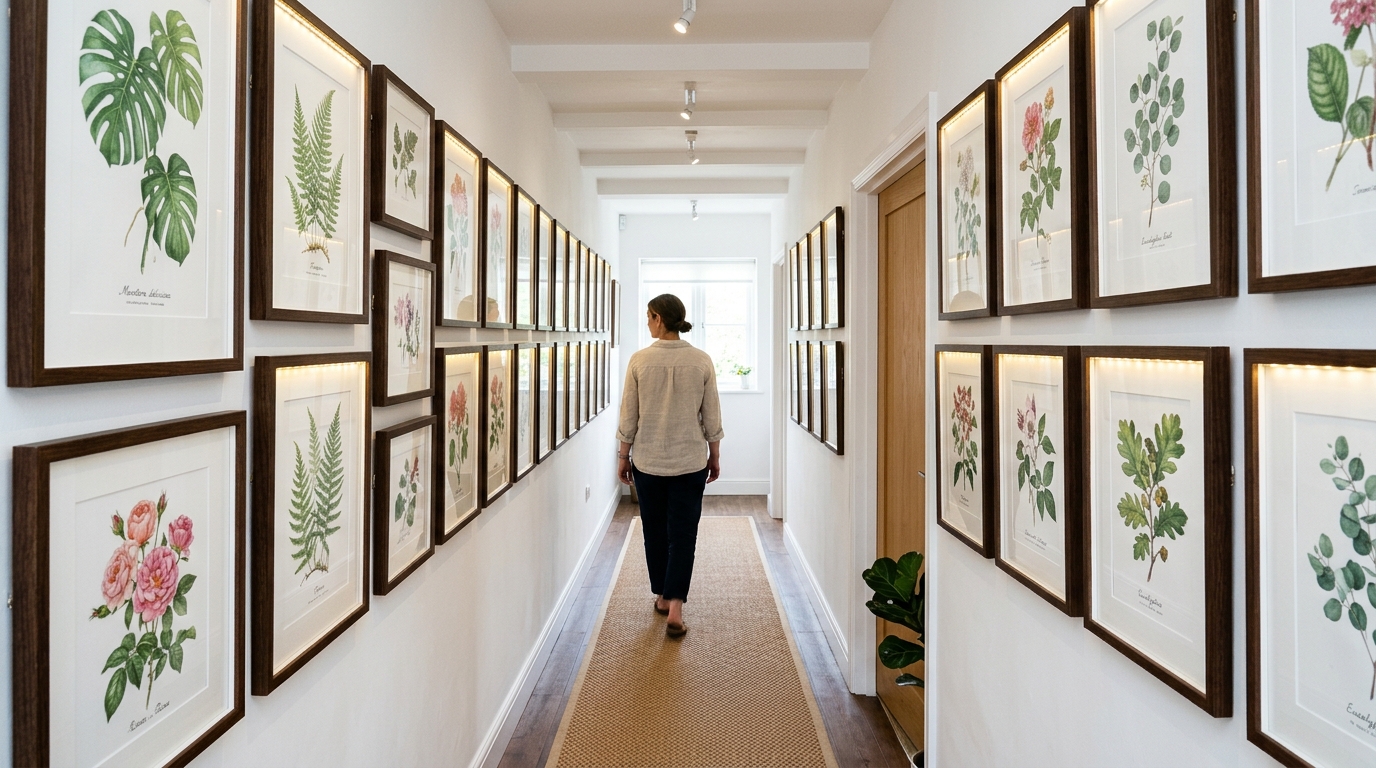 A light-filled narrow entryway with white walls, a sisal runner, and delicate LEDs highlighting a collection of framed botanical sketches.
