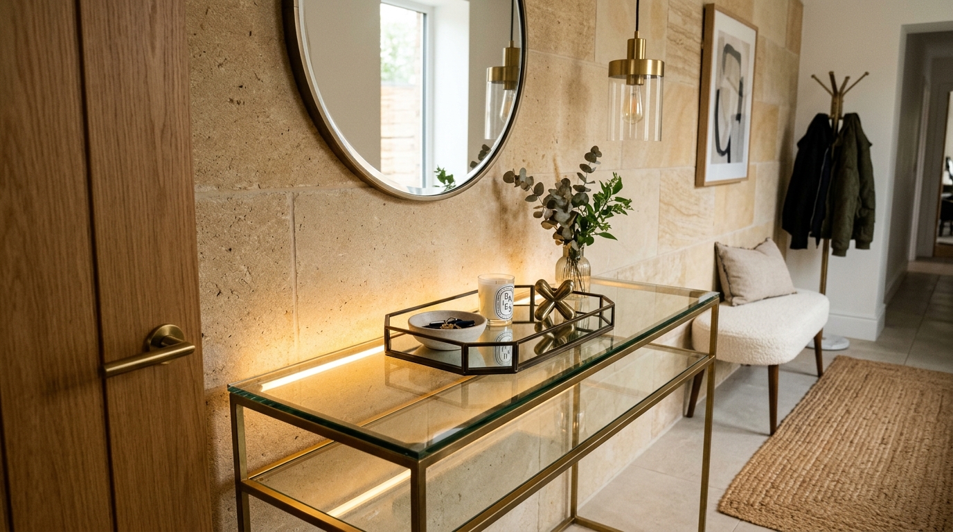 Strategic lighting in a narrow hallway using battery-operated LEDs hidden within a decorative tray on a slim glass console table.