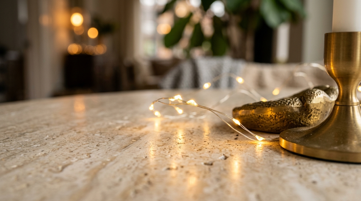 Close-up detail of warm 2700K micro-LEDs reflecting off a honed travertine stone surface and a brushed brass tray on a narrow hallway console.