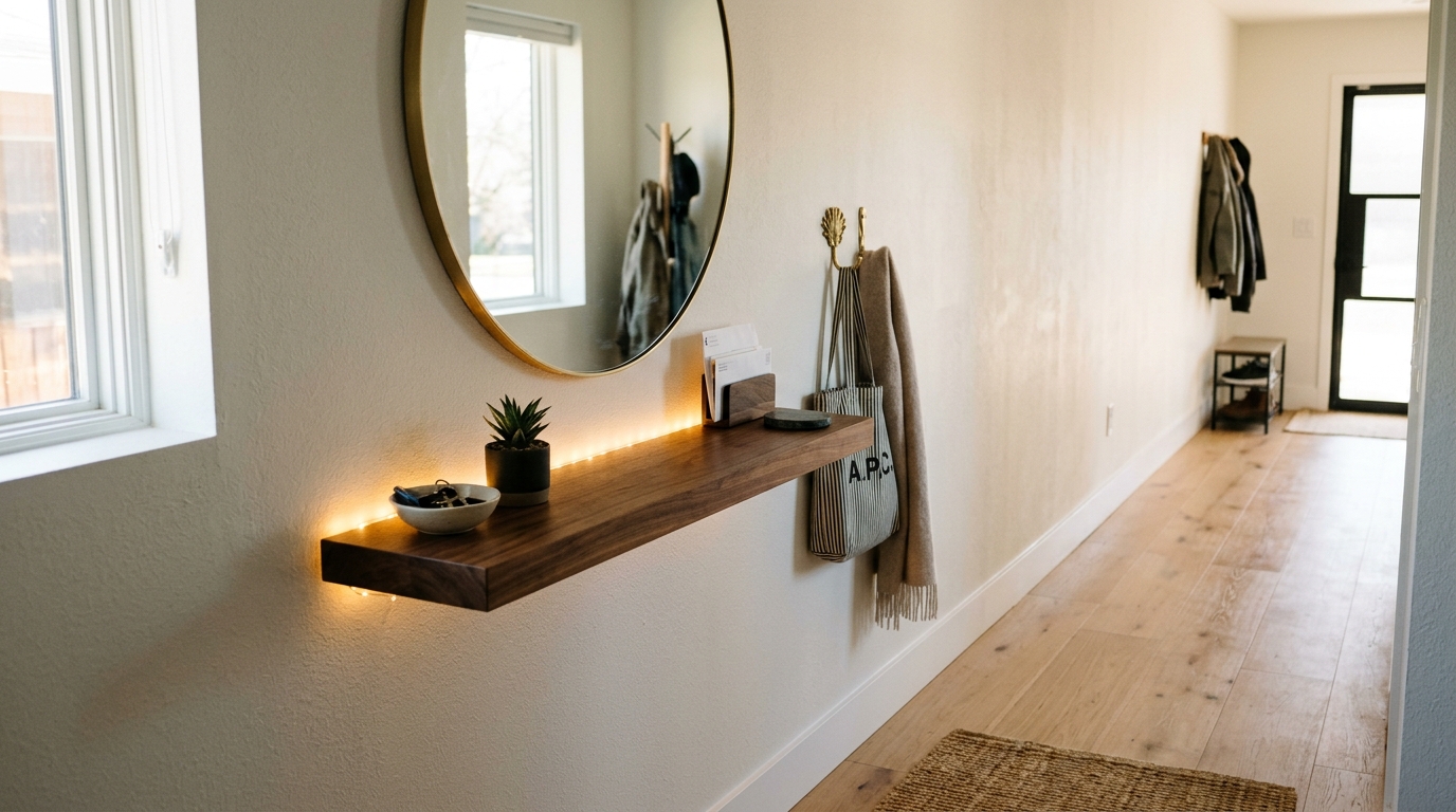 A high-traffic modern entryway showing a 36-inch clear walking path with zero-footprint lighting integrated into a floating shelf and a large circular mirror.