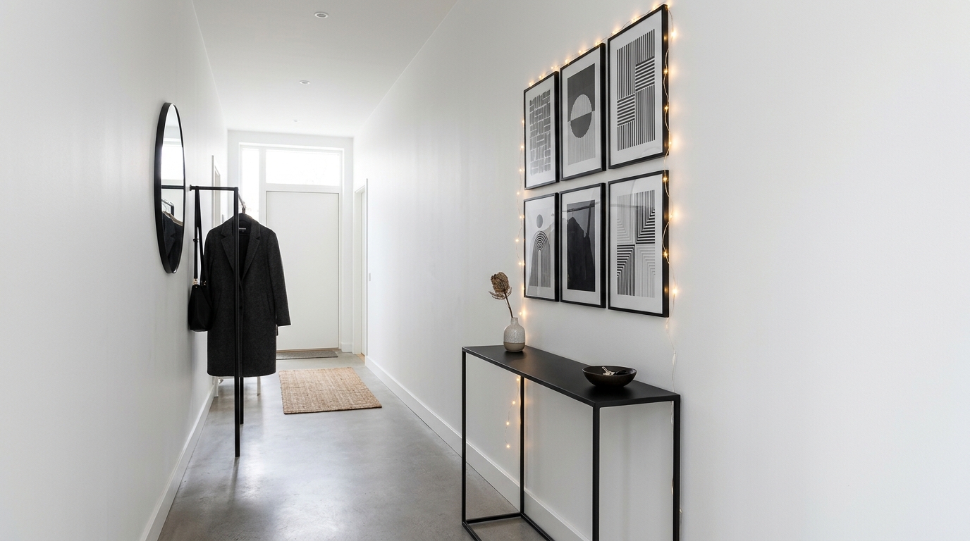 A minimalist narrow hallway featuring a thin black steel console table and a string of warm white LEDs highlighting a vertical gallery wall.