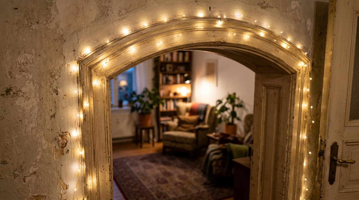 Architectural detail of copper wire fairy lights tracing the inner edge of a doorway arch in a small urban apartment foyer.