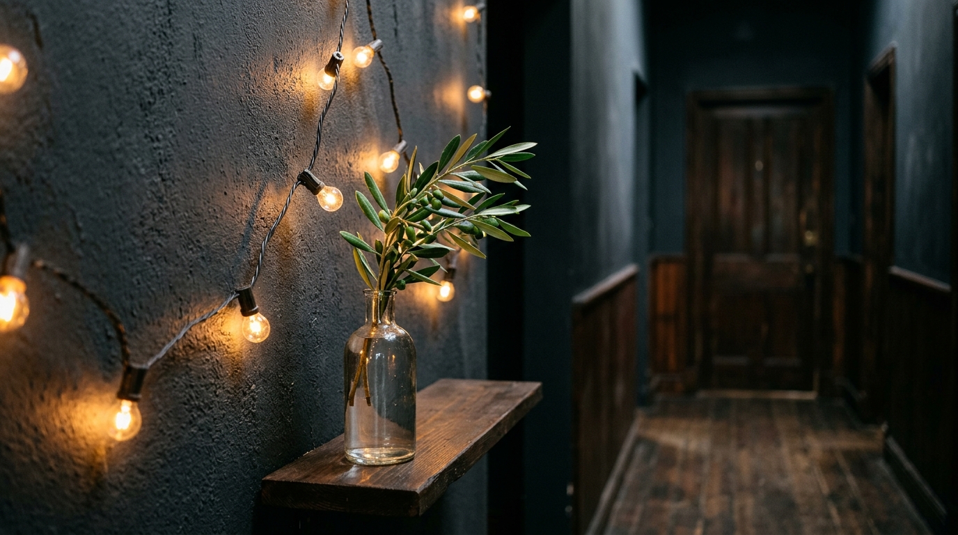 An entryway view showing the contrast between a matte charcoal wall and the sparkling amber glow of professionally installed string lights.