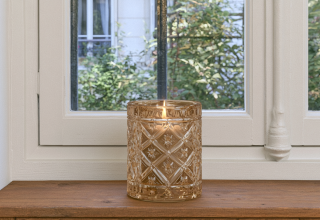 An amber glass candle with a lit flame sits on a wooden windowsill overlooking green foliage.