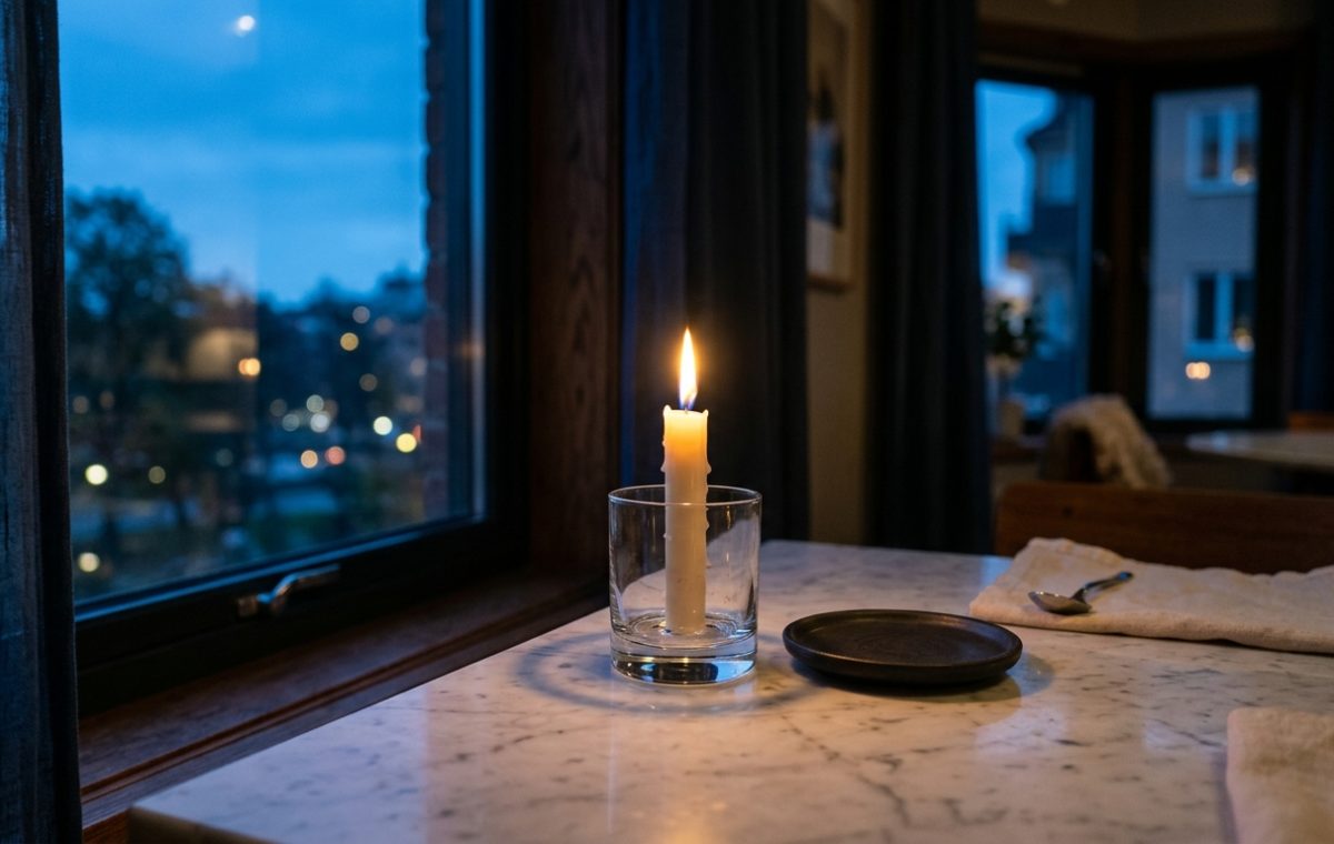 A lit pillar candle in a glass holder on a marble dining table during twilight with a blue window view