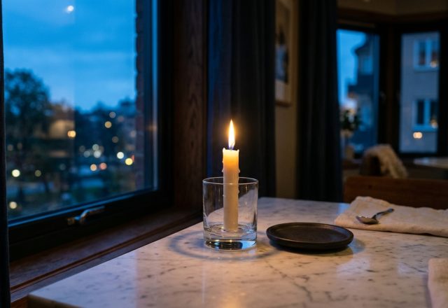 A lit pillar candle in a glass holder on a marble dining table during twilight with a blue window view