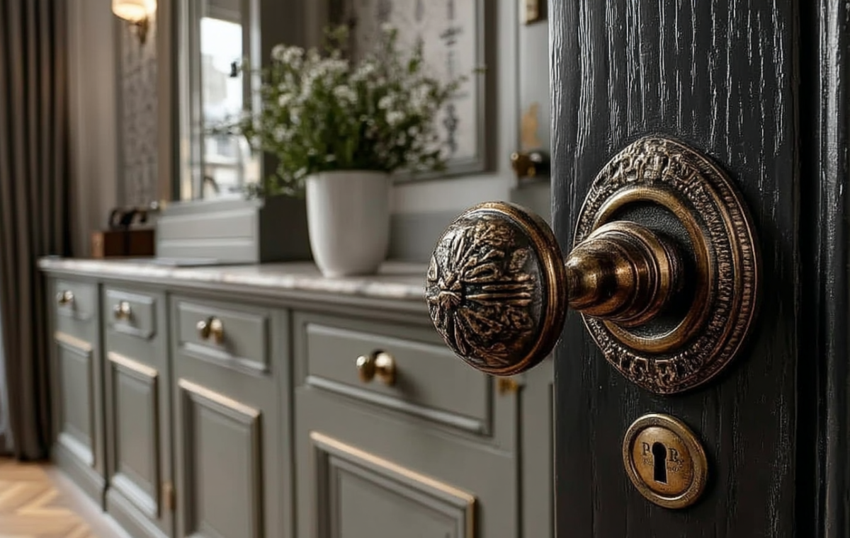 Close-up of ornate antique brass door hardware mounted on a dark textured wooden door panel.