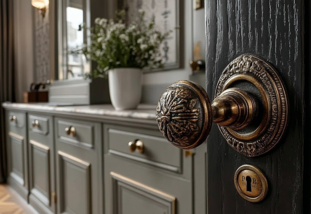 Close-up of ornate antique brass door hardware mounted on a dark textured wooden door panel.