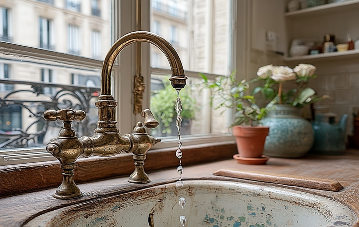 Close up of an antique brass kitchen faucet dripping water into a vintage farmhouse sink.