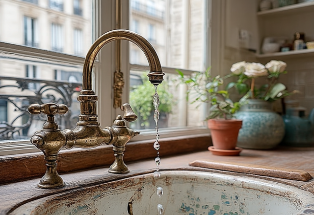 Close up of an antique brass kitchen faucet dripping water into a vintage farmhouse sink.