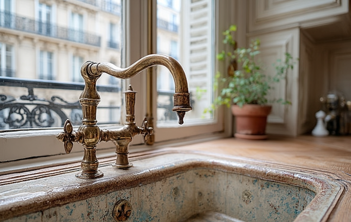 Close-up of an antique brass kitchen faucet over a patinated stone sink in a historic apartment.