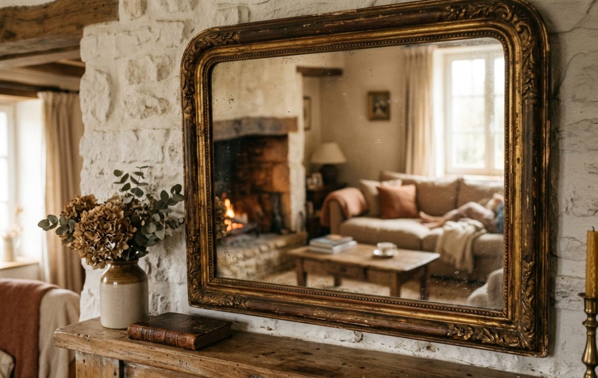 An ornate antique mirror decor piece mounted above a rustic stone fireplace in a cozy living room.