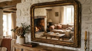 An ornate antique mirror decor piece mounted above a rustic stone fireplace in a cozy living room.