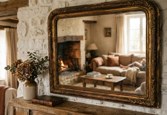 An ornate antique mirror decor piece mounted above a rustic stone fireplace in a cozy living room.