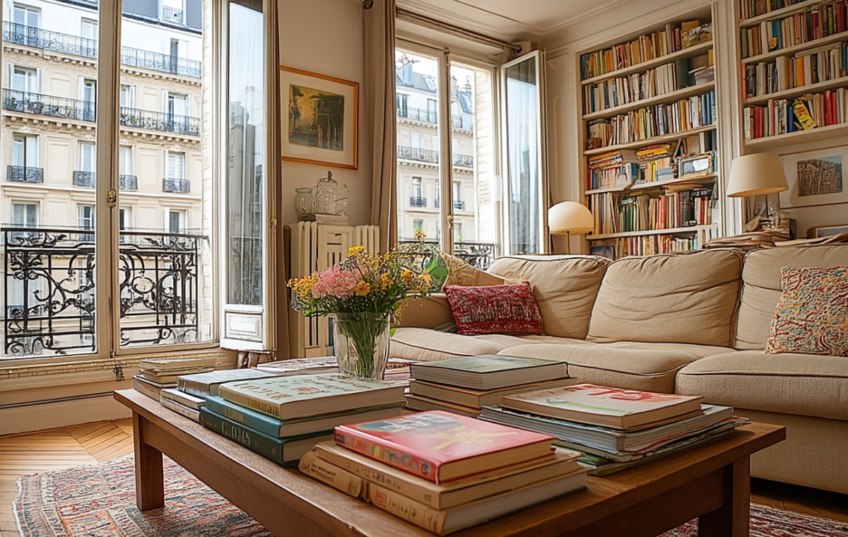 Apartment bookshelf styling with floor to ceiling shelves and coffee table books in a bright living room