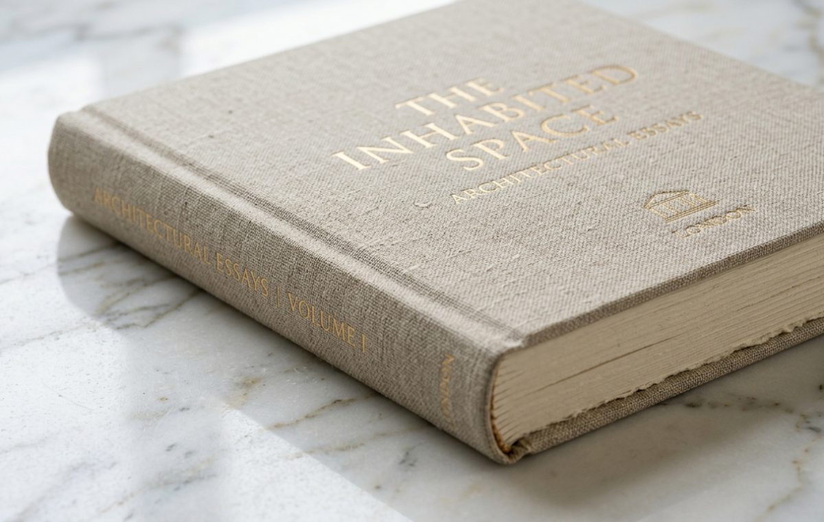 Close up of an architectural essay book with linen cover on a white marble surface.