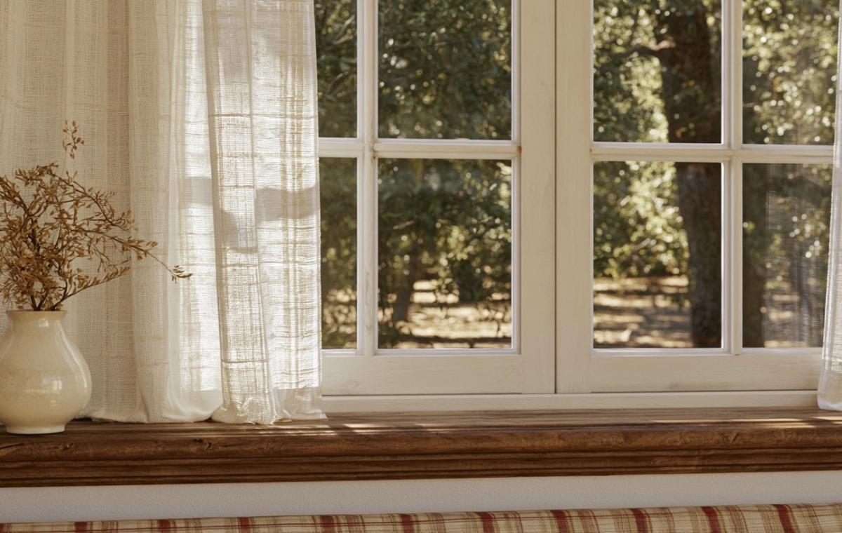 Minimalist window seat sill styling featuring a ceramic vase with dried botanicals on a wood ledge