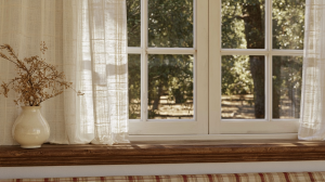 Minimalist window seat sill styling featuring a ceramic vase with dried botanicals on a wood ledge