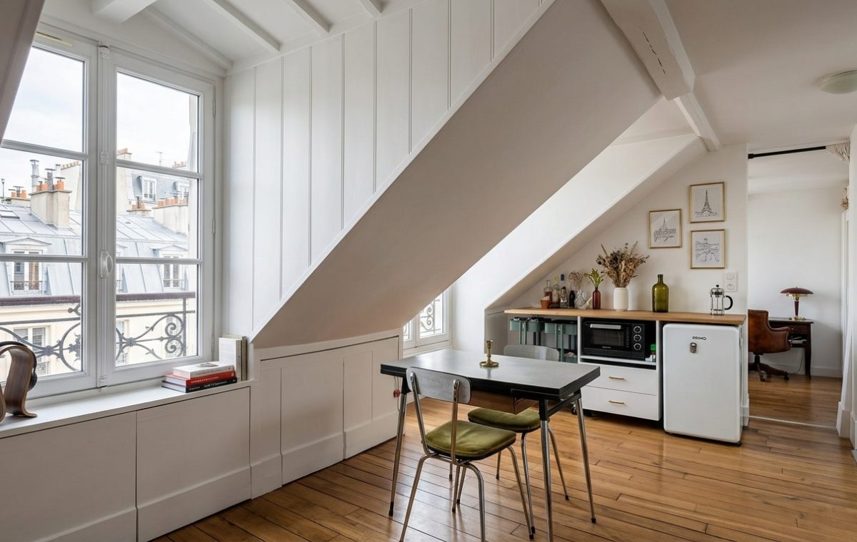 Bright attic apartment interior featuring slanted whitewashed walls, hardwood floors, and a compact dining table near a large window.