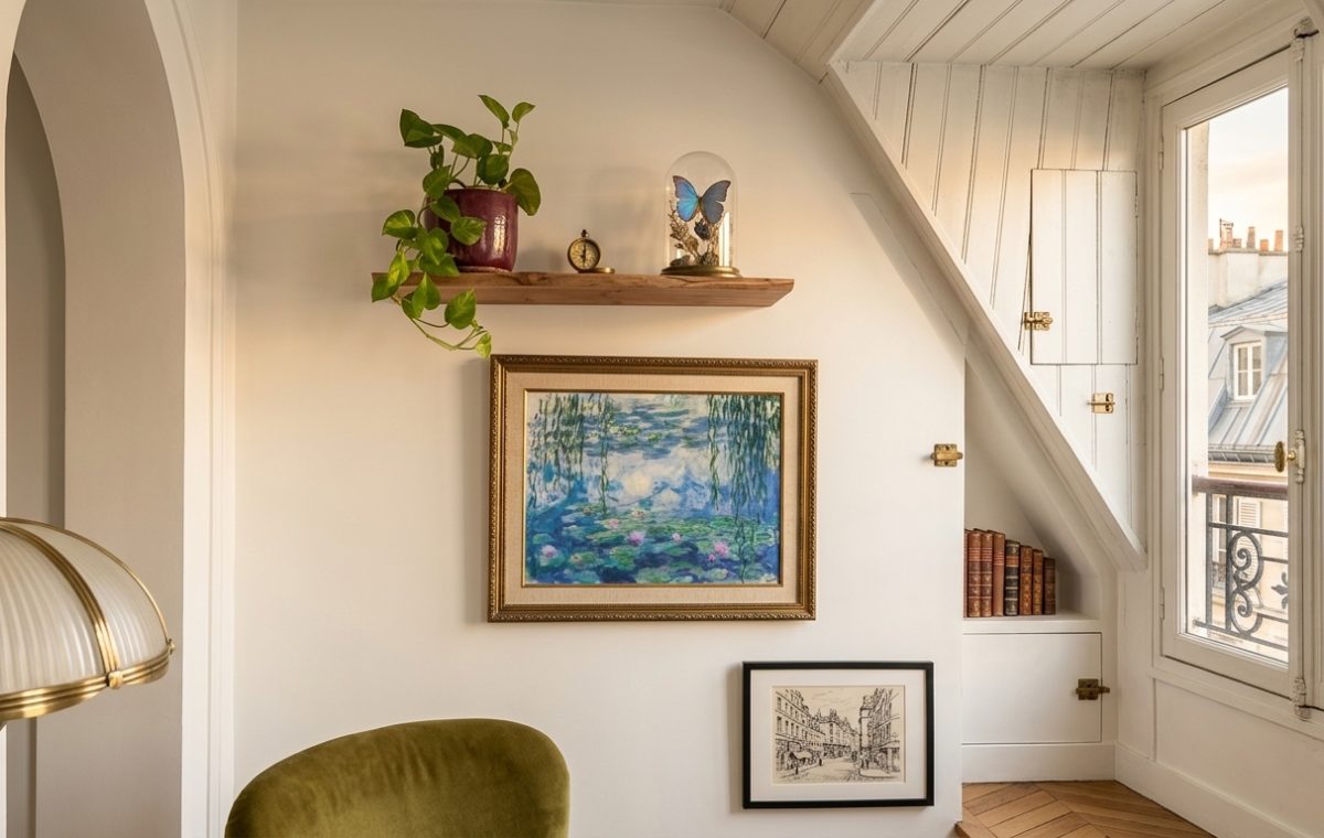 Cozy attic bedroom art display featuring a gilt-framed painting and floating shelf under a sloped ceiling.