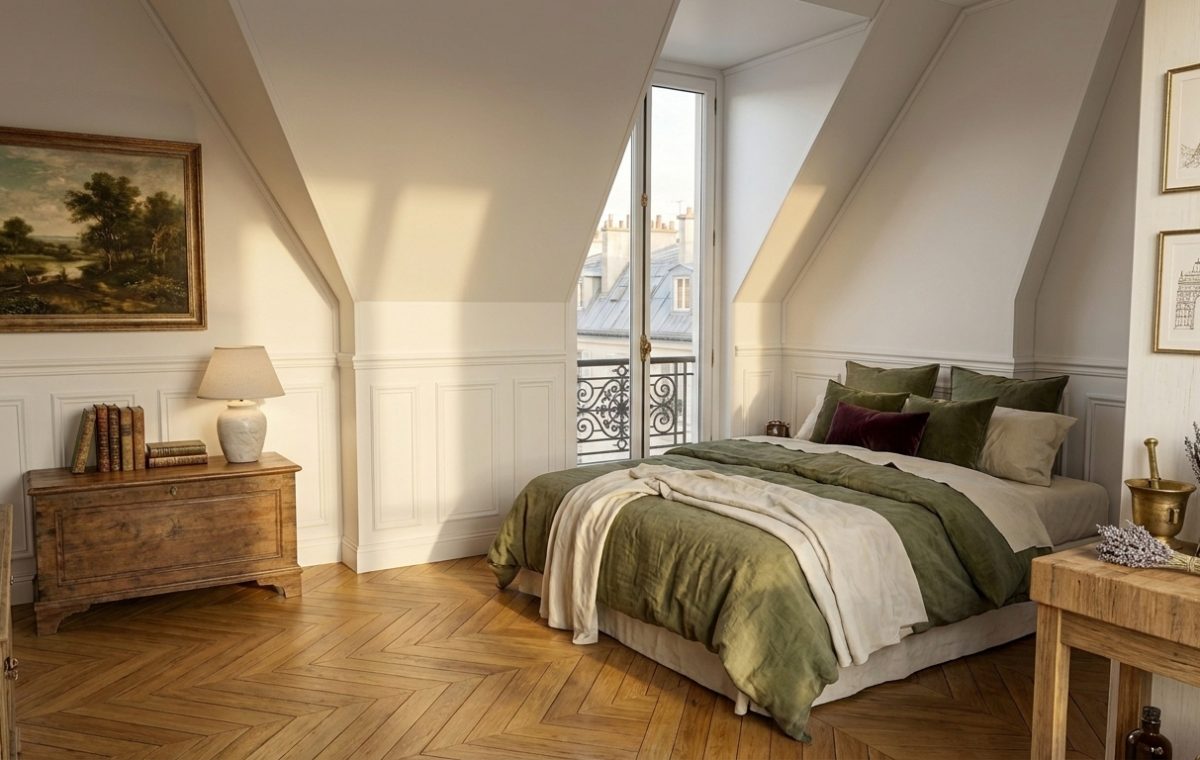 Cozy attic bedroom decor featuring sloped ceilings, olive green bedding, and chevron hardwood floors.
