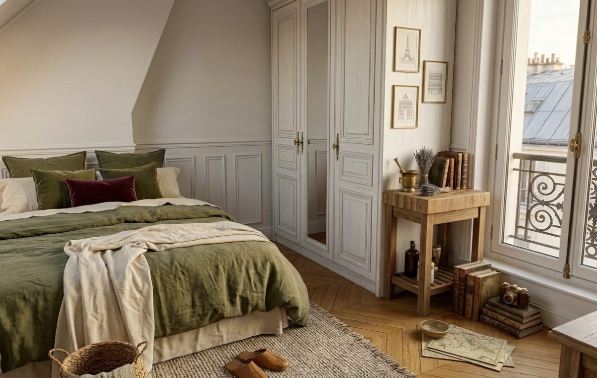 Cozy attic bedroom design featuring sloped ceilings, olive green linen bedding, and a white built-in wardrobe.