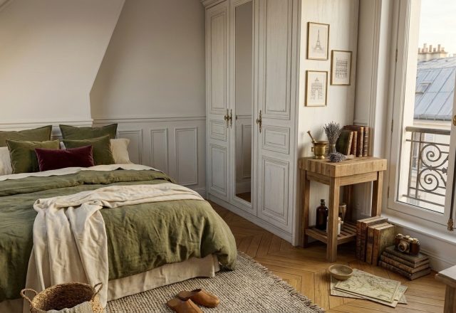 Cozy attic bedroom design featuring sloped ceilings, olive green linen bedding, and a white built-in wardrobe.