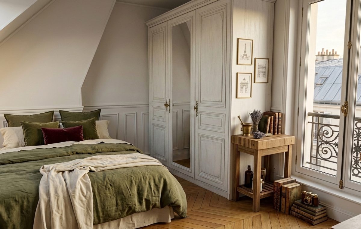 Cozy attic bedroom design featuring sloped ceilings, olive green bedding, and a large white wardrobe.