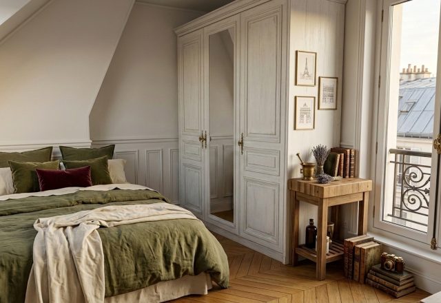 Cozy attic bedroom design featuring sloped ceilings, olive green bedding, and a large white wardrobe.