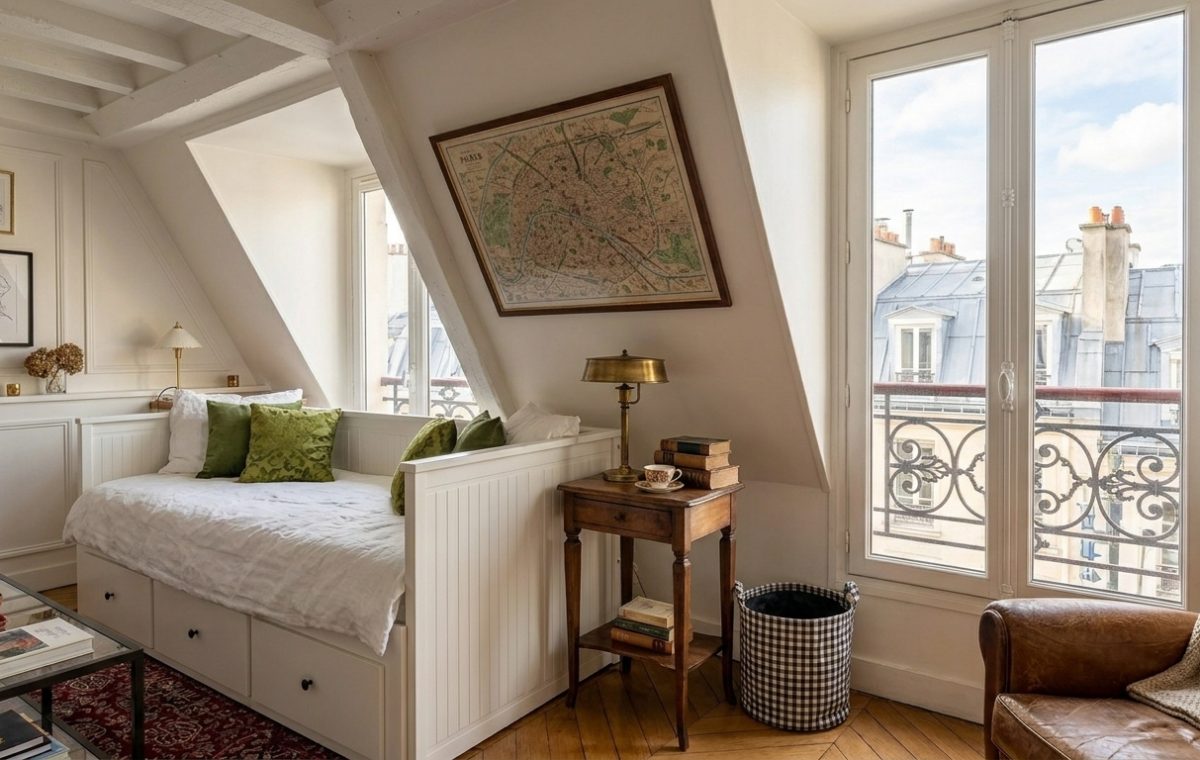 Bright attic bedroom design featuring a white built-in daybed, sloped ceilings, and French balcony windows.