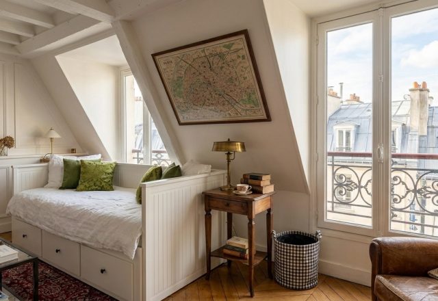 Bright attic bedroom design featuring a white built-in daybed, sloped ceilings, and French balcony windows.