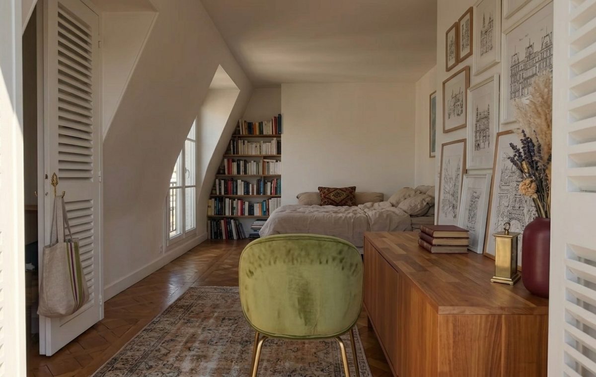 Cozy attic bedroom design featuring sloped ceilings, built-in bookshelf, and a green velvet chair.