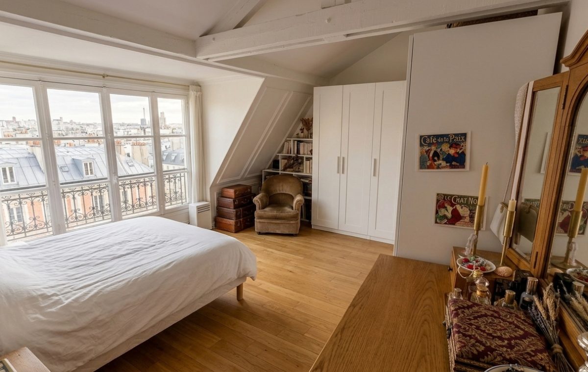 Bright attic bedroom design featuring sloped ceiling beams, parquet flooring, white wardrobes, and a dormer window overlooking city rooftops.