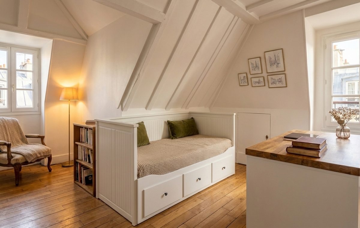 Bright attic bedroom design featuring sloped ceilings, a white built-in daybed, and a wooden desk near a window.