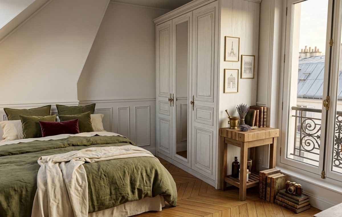 Cozy attic bedroom design featuring olive green bedding and a white French country wardrobe.
