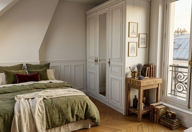 Cozy attic bedroom design featuring olive green bedding and a white French country wardrobe.