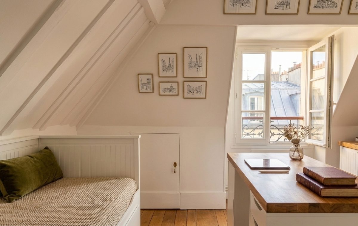 Cozy attic bedroom office combo featuring a built-in daybed, slanted white beams, and a wooden desk near a bright window.