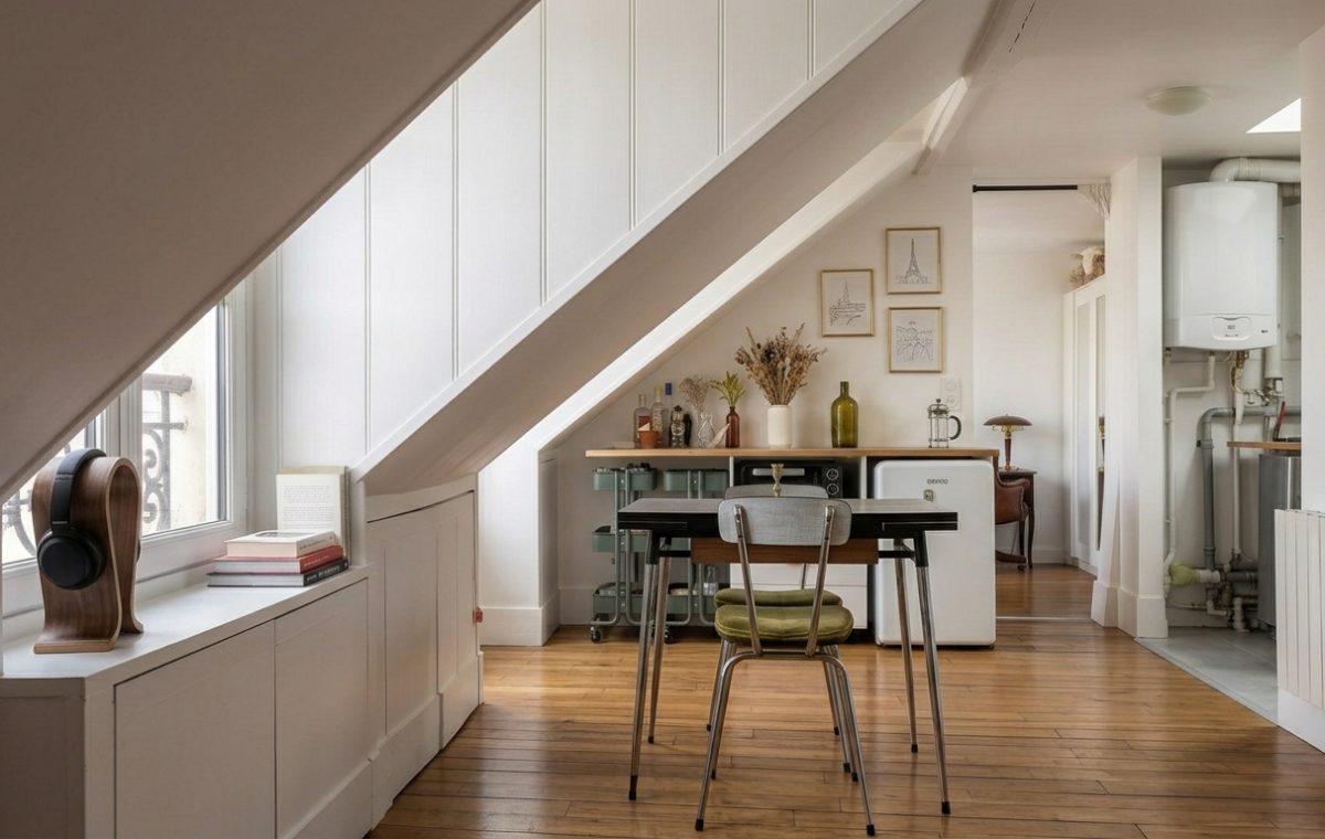 Bright attic conversion featuring sloped white walls, built-in storage, and a compact wooden dining table on hardwood floors.