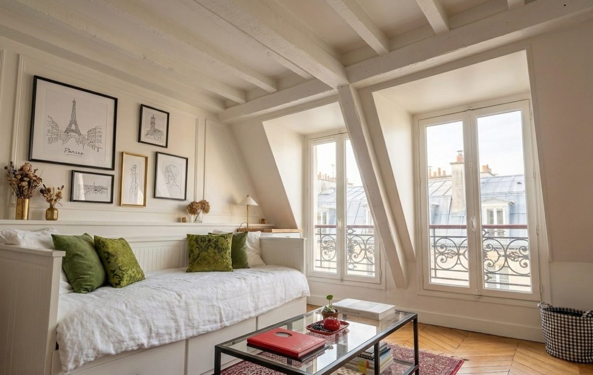 Bright attic living space featuring a white daybed, sloped ceilings, and dormer windows.